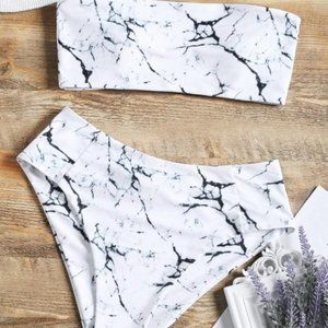 Marble Print High Waisted Bandeau Bikini Set